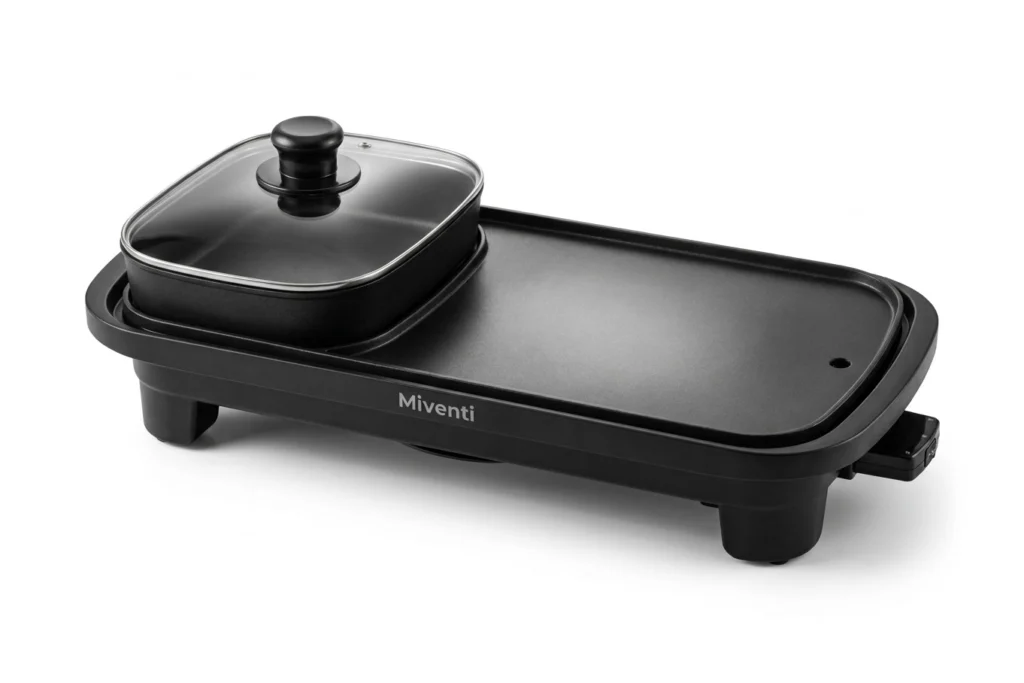 Miventi Hotpot & Grill 2-in-1: elektrische grillplaat met hotpot in mat zwart, met glazen deksel