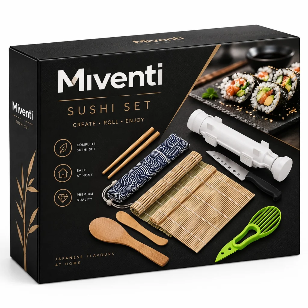 Miventi Complete Sushi Set in geschenkdoos: sushi bazooka, sushimes, bamboematjes, eetstokjes met etui, rijstspatels en avocadosnijder